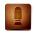 Brown Aviation bomb icon isolated on white background. Rocket bomb flies down. Wooden square button. Vector