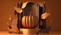 brown background. Podium display with orange pumpkin Ai generative
