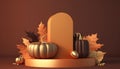 brown background. Podium display with orange pumpkin Ai generative