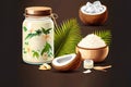 Brown background with a variety of coconut products: oil, milk, half coconut, palm leaf, shavings