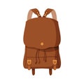 Brown Backpack, Front View of Schoolbag or Camping Backpack Flat Style Vector Illustration on White Background