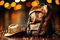 A brown backpack and hat on a wooden floor, AI