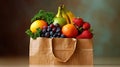 A brown bag brims with a cornucopia of ripe, colorful fruits, tantalizing display of nature\'s crops