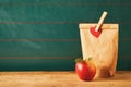 Brown bag lunch and red apple Royalty Free Stock Photo