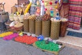 Brown bags with products for sale in a medina in Morocco