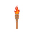 Brown bamboo torch with bright fiery flame. Decorative flat vector element poster or flyer of beach party