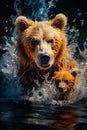 Brown bear and baby bear splashing in water. Generative AI