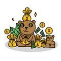 Brown bear with a bag of gold and silver coins Royalty Free Stock Photo