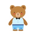 Brown Bear In Bow Tie, Blue Pants And White Top Cute Toy Baby Animal Dressed As Little Boy