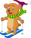 Brown bear cartoon skiing
