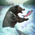 Brown bear catches salmon in the river drawing pastel