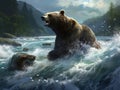 Brown bear catching salmon