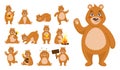 Brown bear character. Cute teddy. Animal actions and poses. Happy creature sleeping or dancing. Wild forest mammal