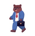 Brown bear character goes to work in blue formal suit, glasses and a bag in his hands. Vector flat cartoon illustration