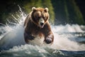 Brown bear chasing fish in the river. Scientific name: Ursus arctos, A brown bear catching salmon in a rushing river, AI Generated