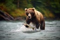 Brown bear chasing a salmon in the river. Kamchatka. Brown bear catches a salmon in the river, AI Generated