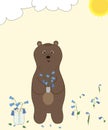 A brown bear collects blue flowers on a sunny meadow. Vector.
