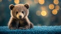 Cute brown bear cub resting on soft surface with glowing bokeh background in a cozy setting Royalty Free Stock Photo