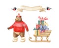 A brown bear drags a wooden sleigh full of gifts.