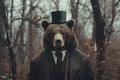 A brown bear dressed in a suit in the woods