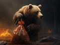 Brown bear fighting with a plastic bag