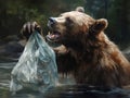 Brown bear fighting with a plastic bag