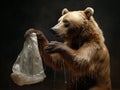 Brown bear fighting with a plastic bag