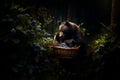 Brown bear in the forest is foraging for wild berries. Created with Generative AI technology.