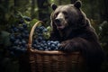 Brown bear in the forest is foraging for wild berries. Created with Generative AI technology.