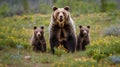 brown bear walking in the forest with her cubs Royalty Free Stock Photo