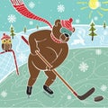 Brown bear hockey in nature. Humorous illustration