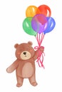 Brown bear hold balloons . Realistic watercolor paint with paper textured . Cartoon character design . Vector