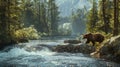 Brown bear during hunting for salmon in mountain river in summer, wild grizzly animal on green trees and water background. Concept