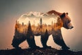 Brown bear and mountains and forests, double exposure, illustration generated by AI Royalty Free Stock Photo