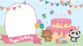 The brown bear and the panda stand with the pink cake to prepare to celebrate the birthday party.