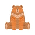 Brown Bear Relaxed Cartoon Wild Animal With Closed Eyes Decorated With Boho Hipster Style Floral Motives And Patterns