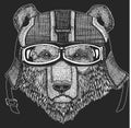 Brown bear Russian bear Crazy biker for t-shirt, emblem, tattoo, patch, logo Wild animal Royalty Free Stock Photo