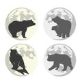 Wild bear silhouette against full moon disk vector design set