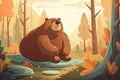 A brown bear sits on the edge of a forest in the autumn forest, before hibernation. Forest character. cartoon illustration Royalty Free Stock Photo