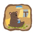 Brown bear sitting in his burrow, drinking cacao and looking at rain in window