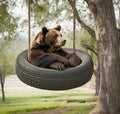 Brown Bear Sitting In A Tire Swing Royalty Free Stock Photo