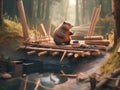 A brown bear sitting on top of a pile of logs. Generative AI image.