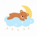 Brown Bear Sleeping on a Blue Cloud with Yellow Moon and Stars Royalty Free Stock Photo