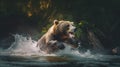 A brown bear splashes water in a river. Generative AI image.