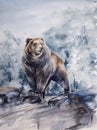 Brown bear standing on rock watercolor