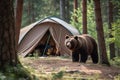 A brown bear stands next to a tourist tent in the middle of a campsite. Generative AI
