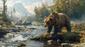 Brown bear stands by water during hunting for salmon in mountain river in summer, wild grizzly animal on green trees background.