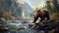 Brown bear stands by water during hunting for salmon in mountain river in summer, wild grizzly animal on green trees background.