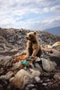 Brown bear surrounded by plastic waste