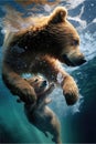 Brown bear swimming in the river with its bear cub. Education in the nature. Generative AI Royalty Free Stock Photo